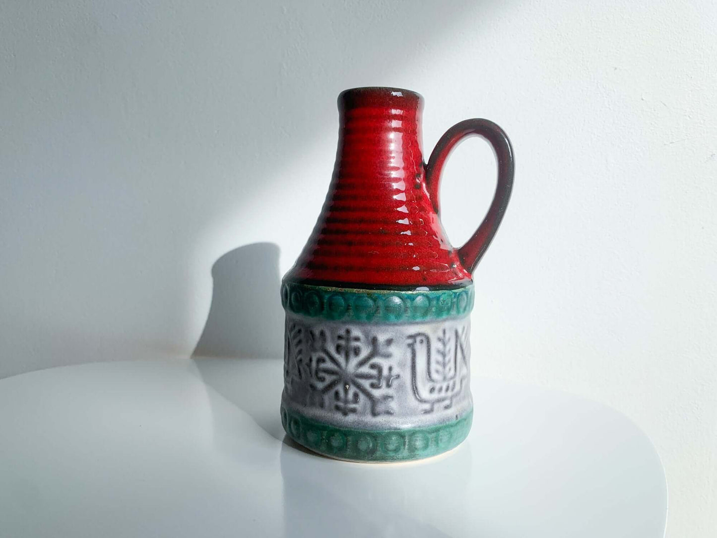 Ceramic vase in red and green with bird ornament. Bay Keramik, Germany, WGP