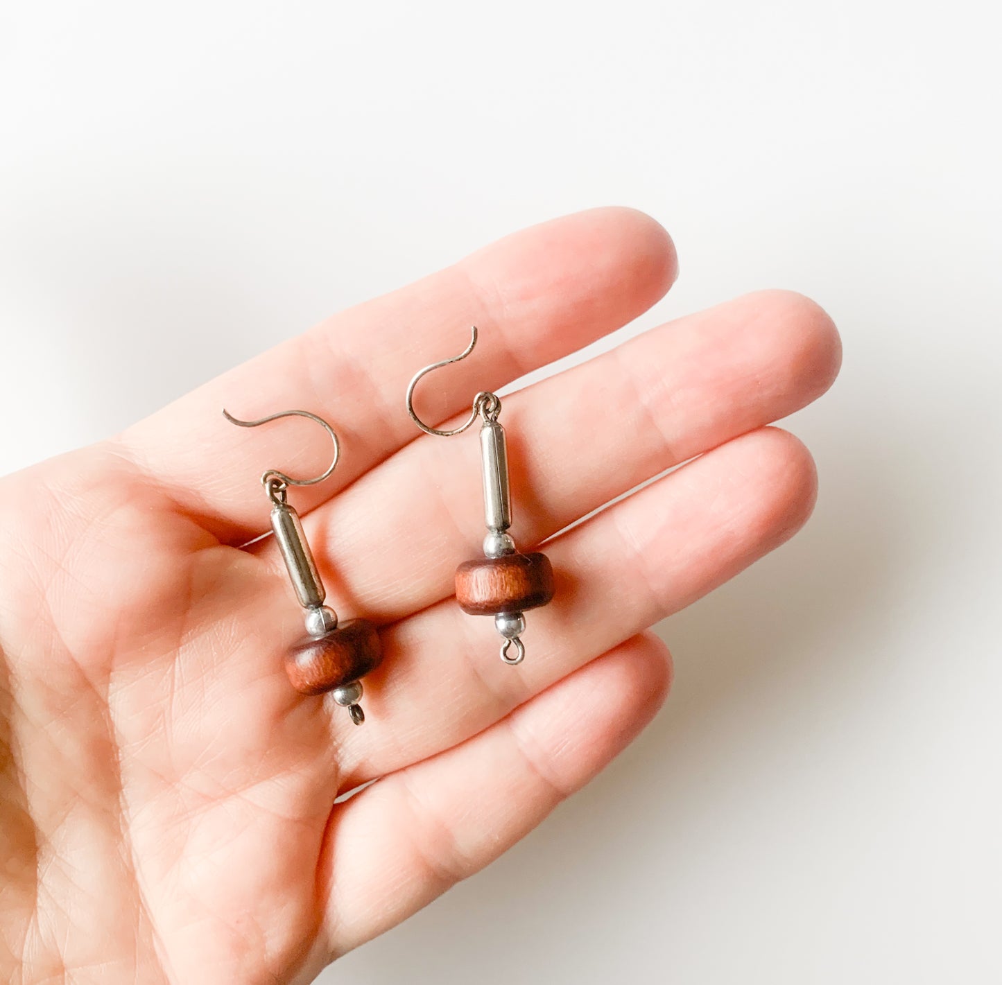 Aarikka Finland Wooden and Metal Earrings, UFO Shape