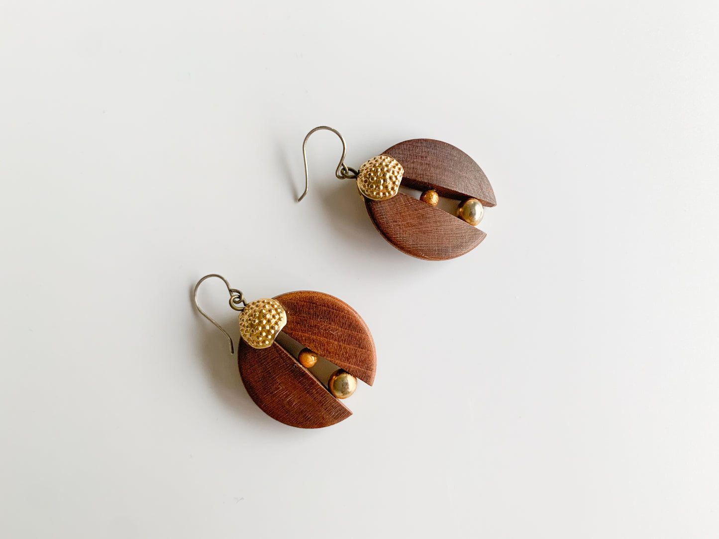 Wooden semicircles earrings with metal balls, Aarikka Finland