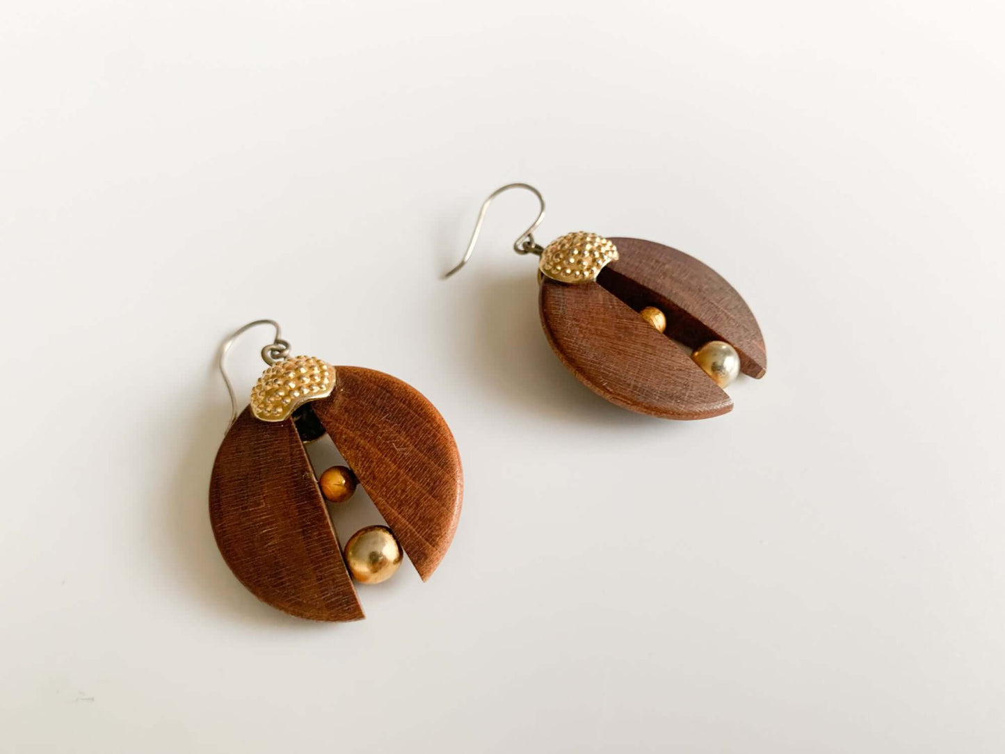 Wooden semicircles earrings with metal balls, Aarikka Finland