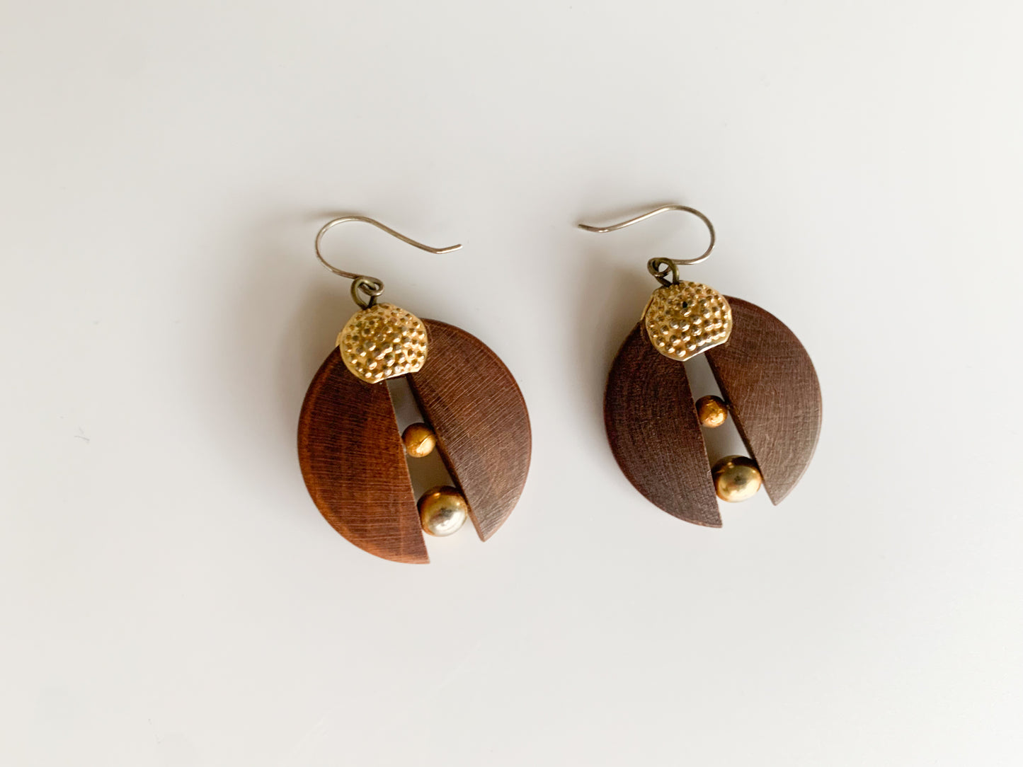 Wooden semicircles earrings with metal balls, Aarikka Finland