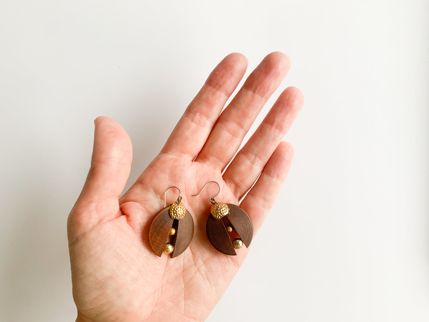 Wooden semicircles earrings with metal balls, Aarikka Finland