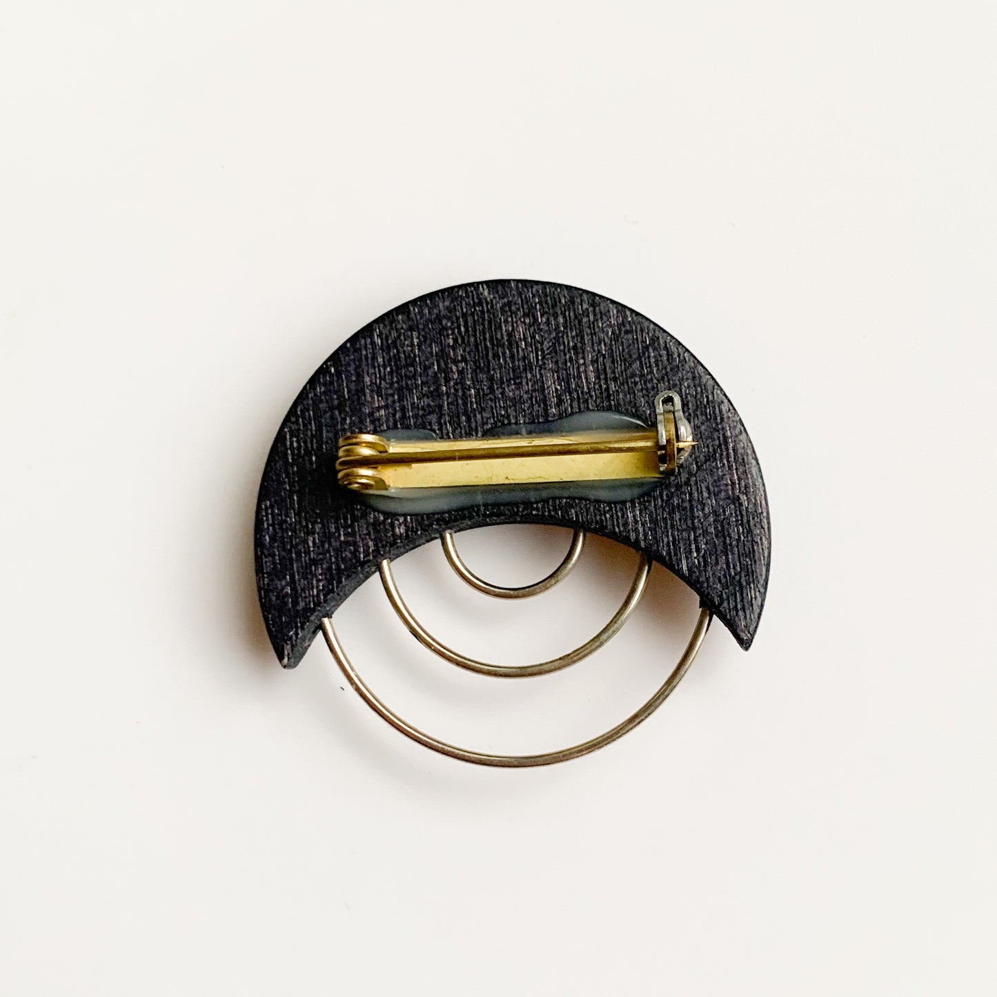 Aarikka graphite tone Crescent Moon wood brooch