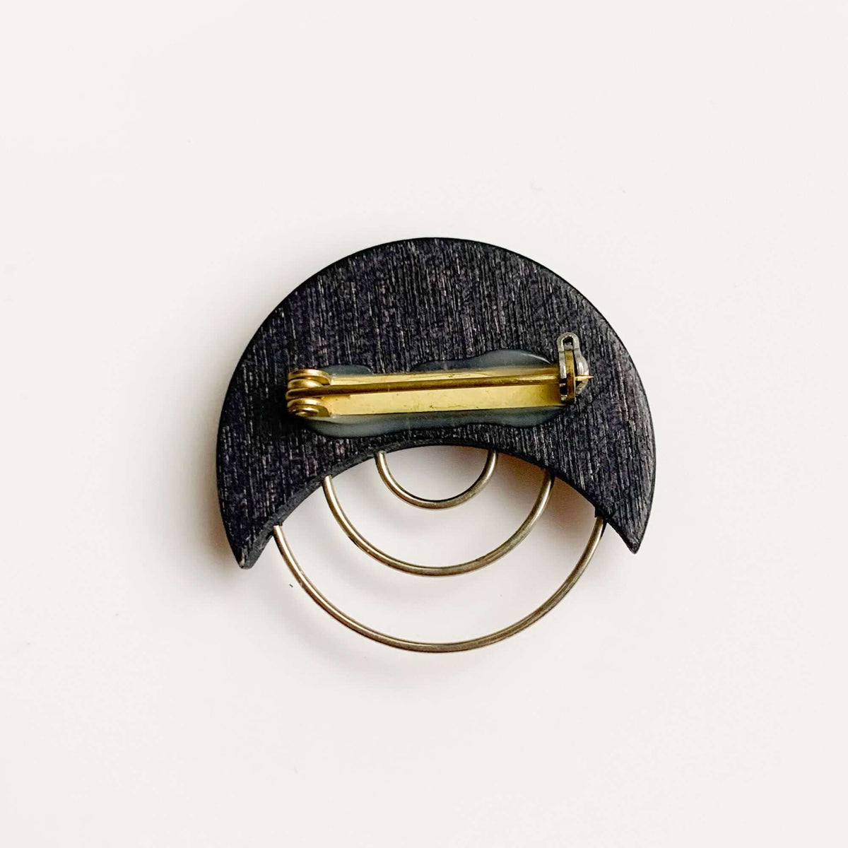 Aarikka graphite tone Crescent Moon wood brooch