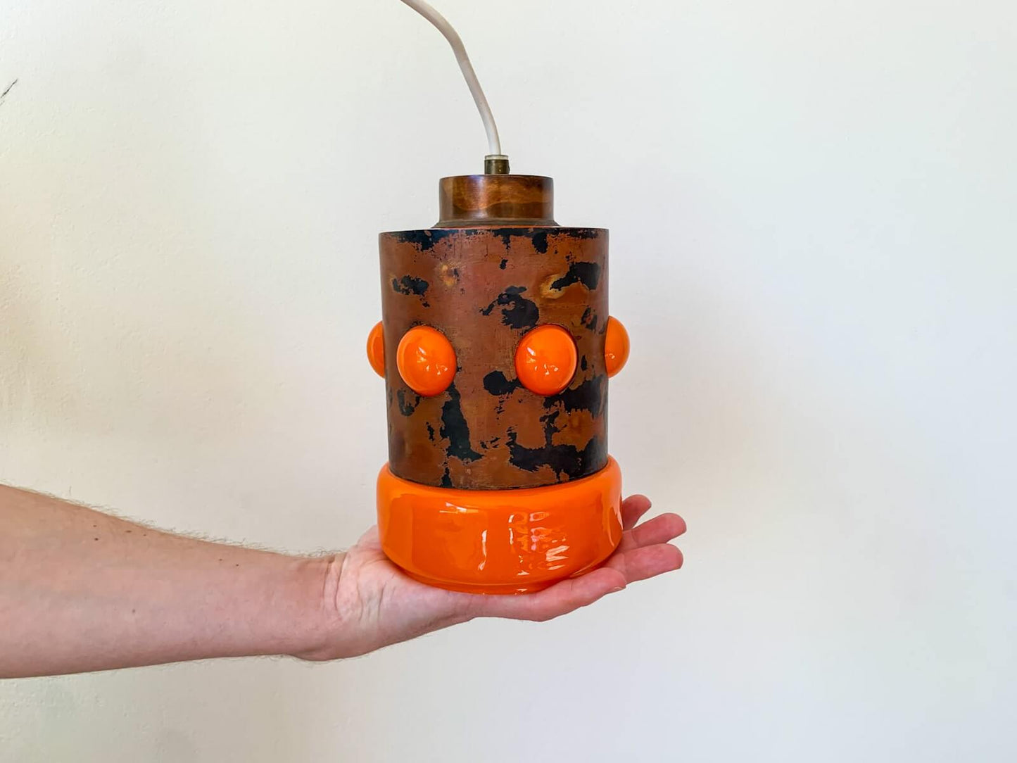 Vintage pendant lamp | Orange glass and copper