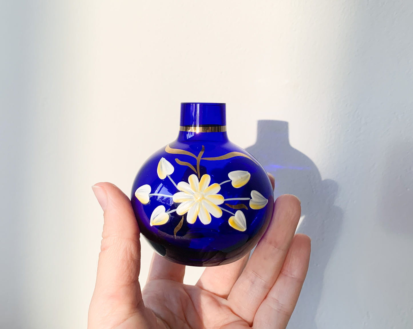 Jugendstil small vase of blue cobalt glass, enamel decoration