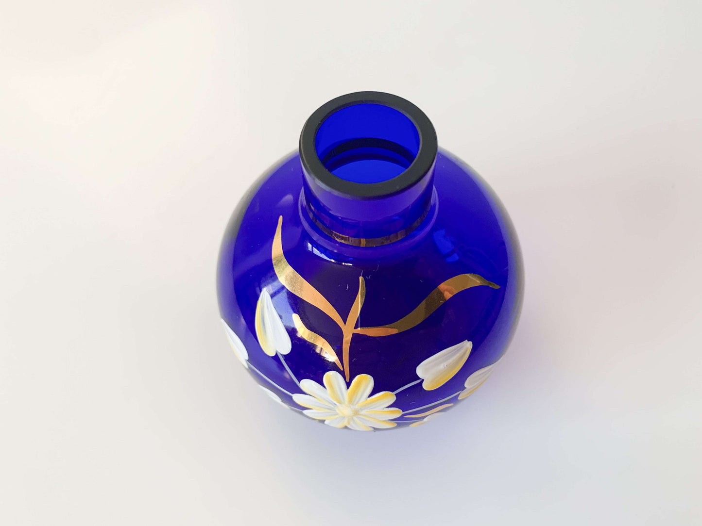 Jugendstil small vase of blue cobalt glass, enamel decoration