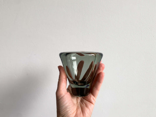 Per Lutken crystal vase of smoky grey tone in hand | Danish Design | Holmegaard glassworks | Molna Vintage webshop