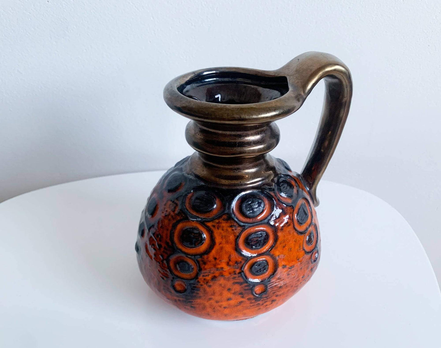 Modernist art ceramic vase jug in orange and brown, Carstens Tönnieshof, Austria, 1970s | Collectible vintage pottery