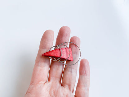 Wooden stylish red triangle brooch by Aarikka Finland