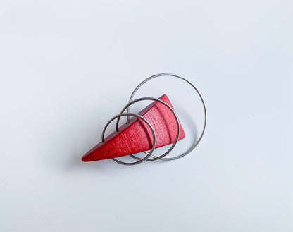 Wooden stylish red triangle brooch by Aarikka Finland