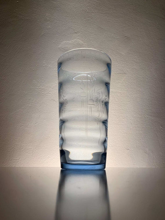 Vintage Art Deco optic glass blue handmade etched vase, Sweden 1930s