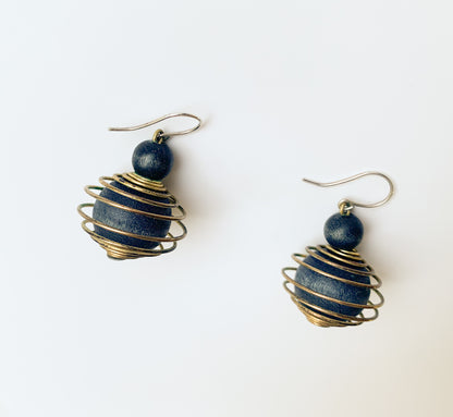Aarikka Finland | Pair blue beaded earrings Tango with gold wire | Molna Vintage