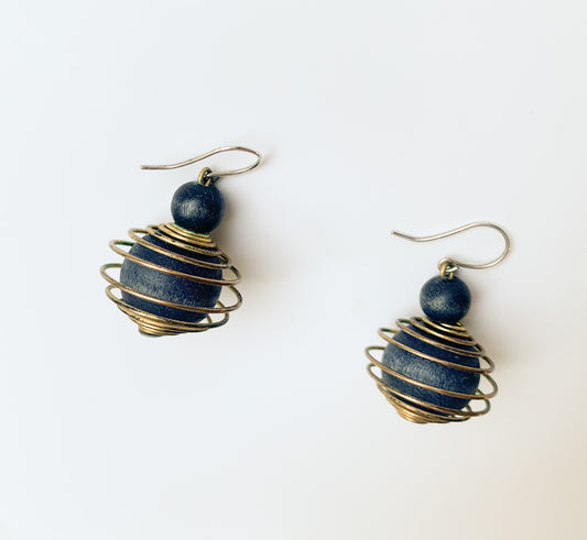 Aarikka Finland | Pair blue beaded earrings Tango with gold wire | Molna Vintage