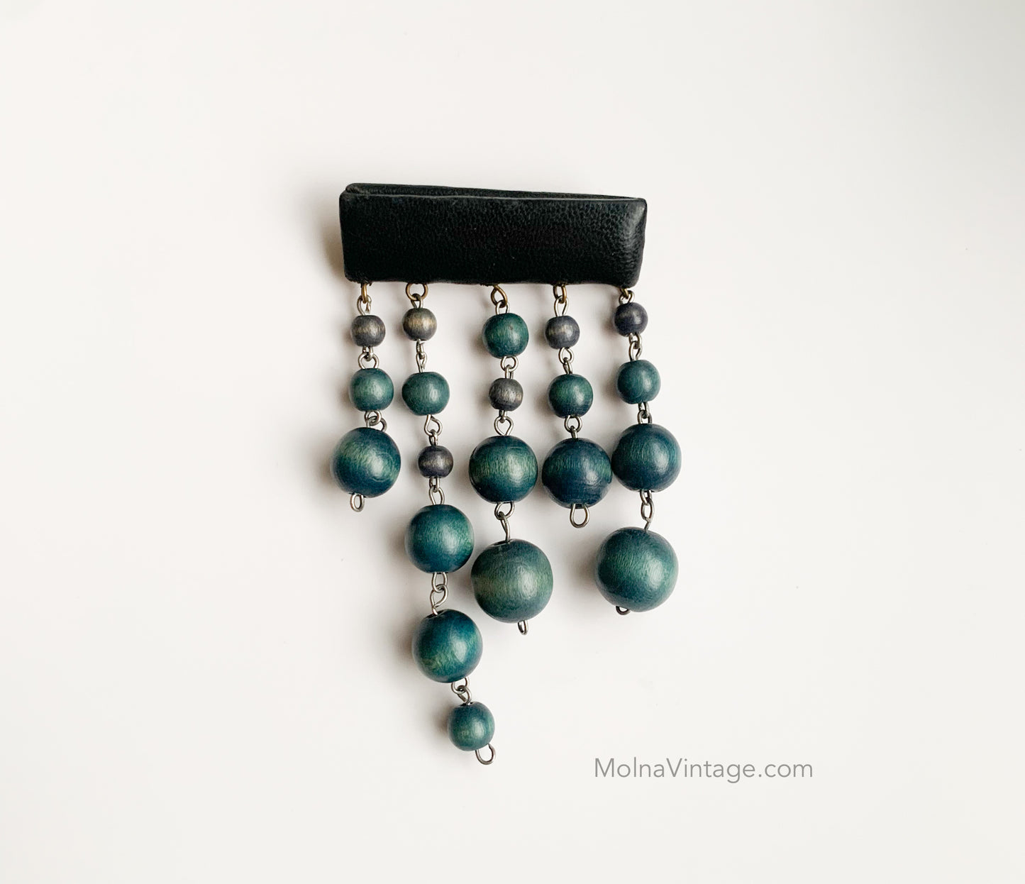 Aarikka Finland| Wooden Leather Brooch Beads Teal | Molna Vintage