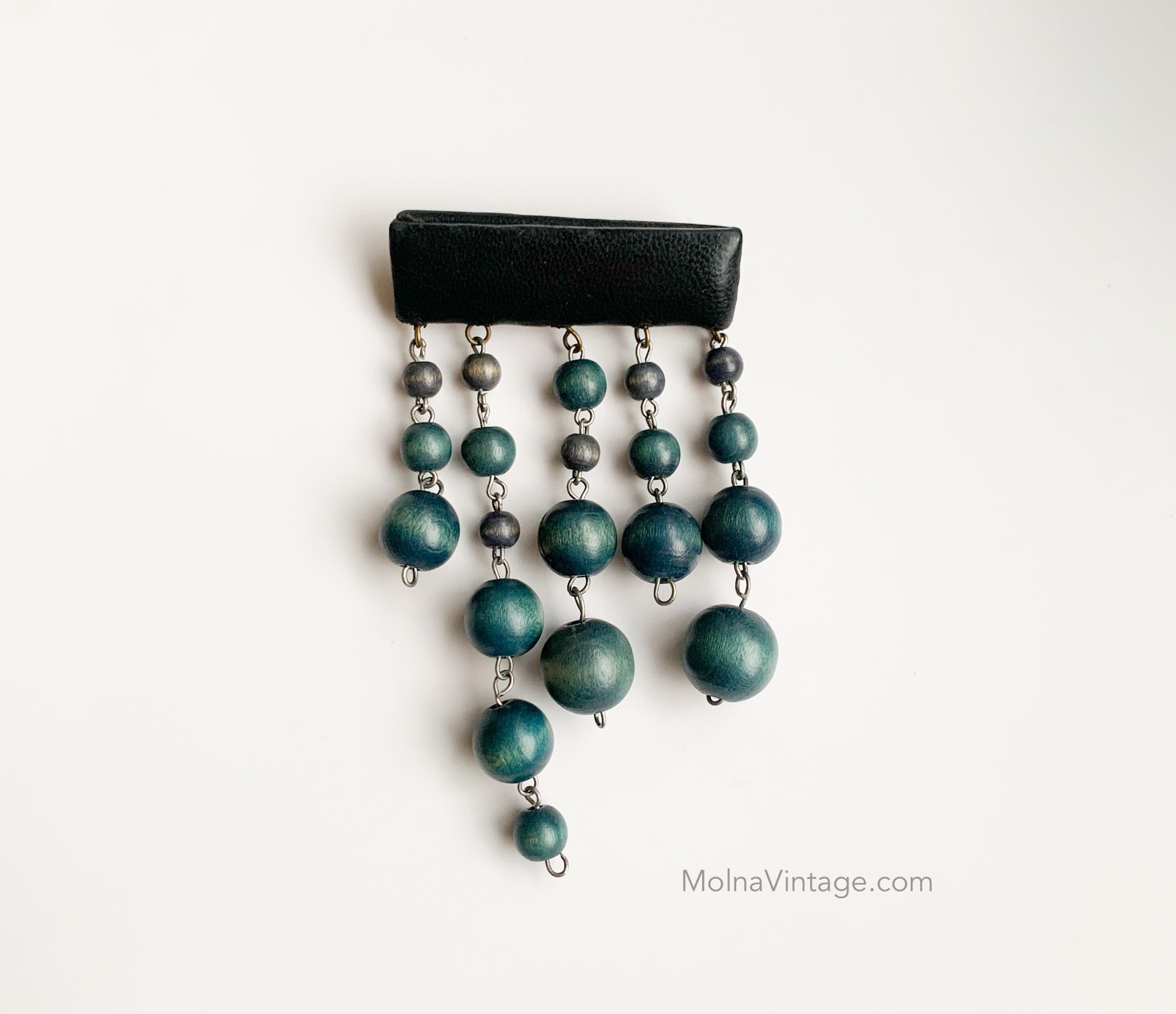 Aarikka Finland| Wooden Leather Brooch Beads Teal | Molna Vintage