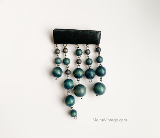 Aarikka Finland| Wooden Leather Brooch Beads Teal | Molna Vintage