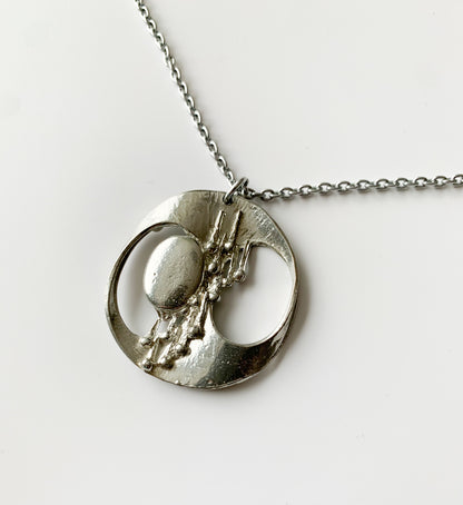 Brutalist Silver plated necklace circular pendant | Space Age | Molna Vintage