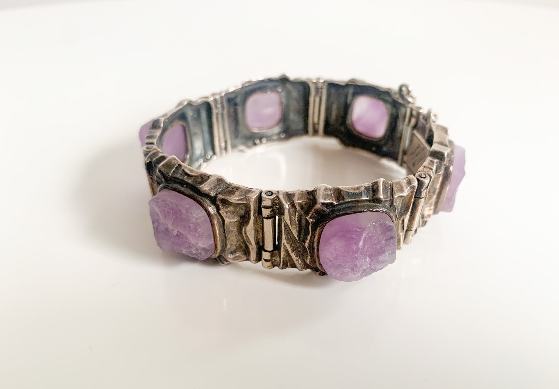 Brutalist silver amethyst designer bracelet Pentti Sarpaneva