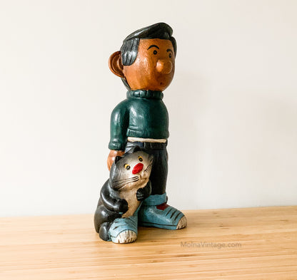 Gaston Lagaffe and Cat carved wooden sculpture