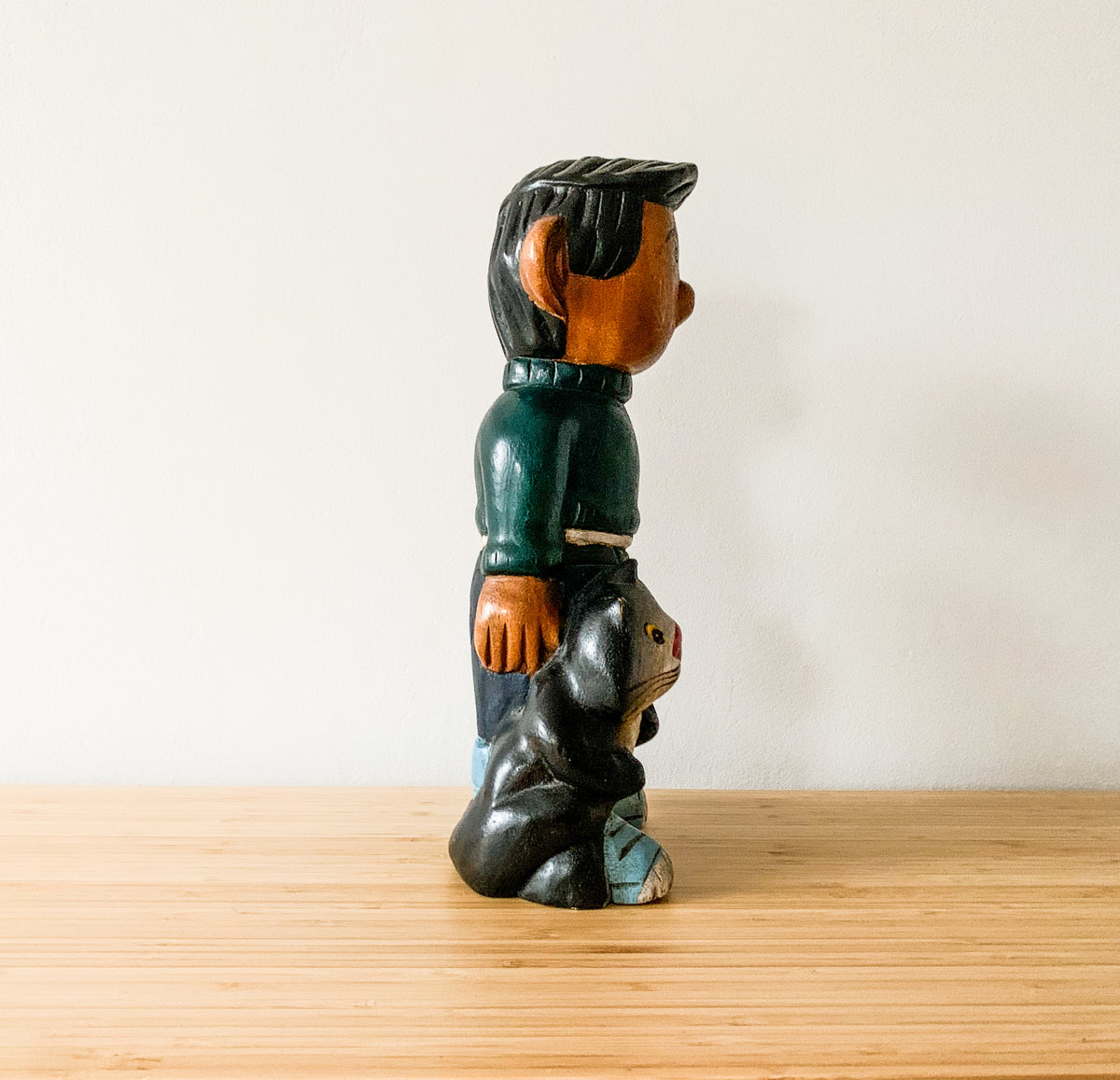 Gaston Lagaffe and Cat carved wooden sculpture