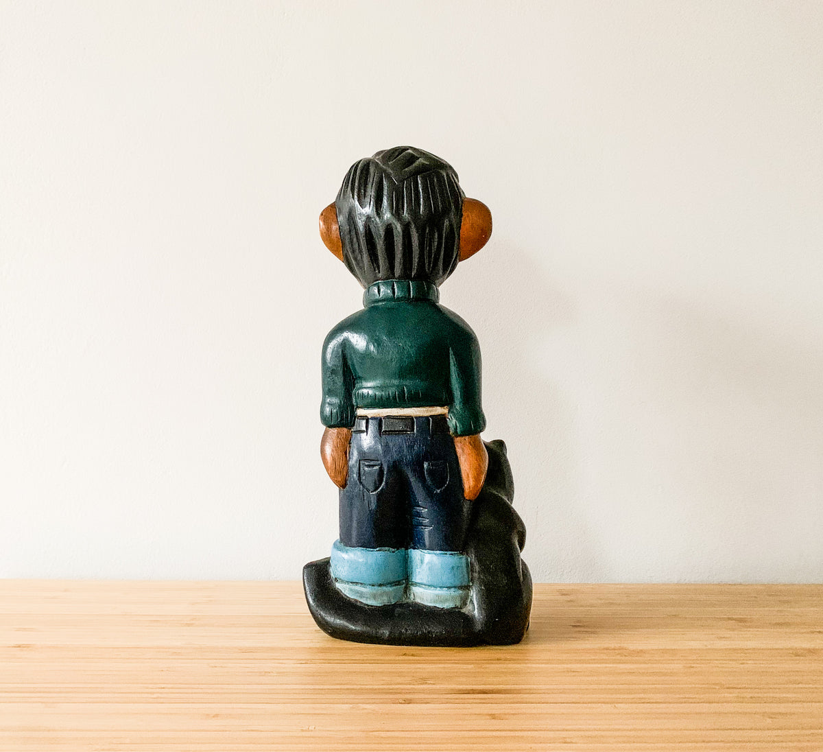 Gaston Lagaffe and Cat carved wooden sculpture
