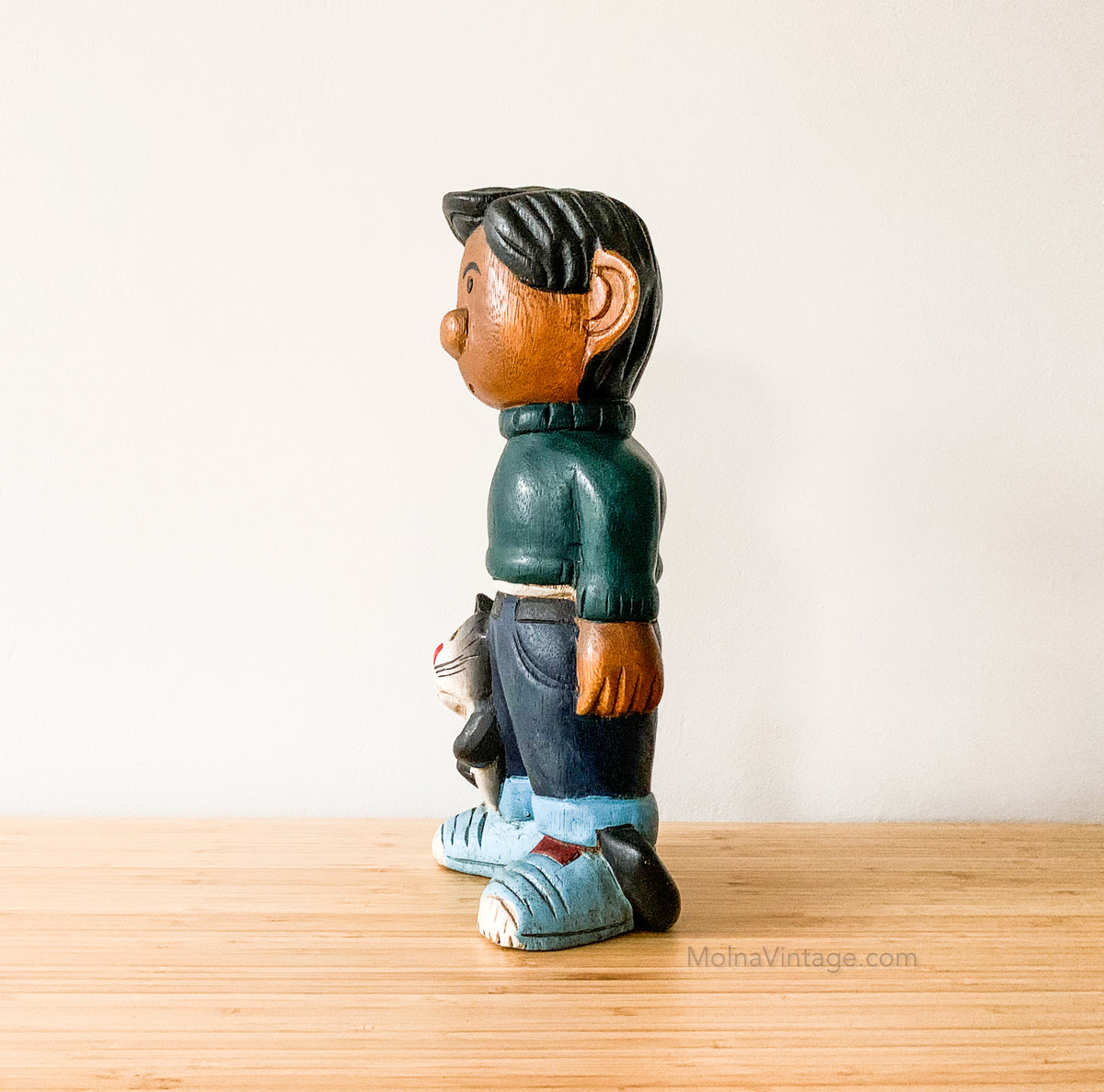 Gaston Lagaffe and Cat carved wooden sculpture