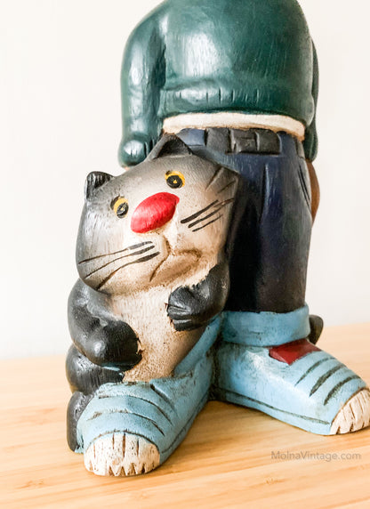 Gaston Lagaffe and Cat carved wooden sculpture