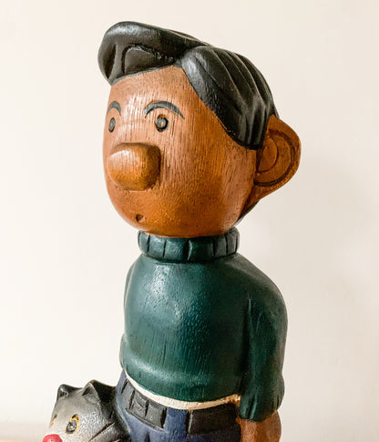 Gaston Lagaffe and Cat carved wooden sculpture
