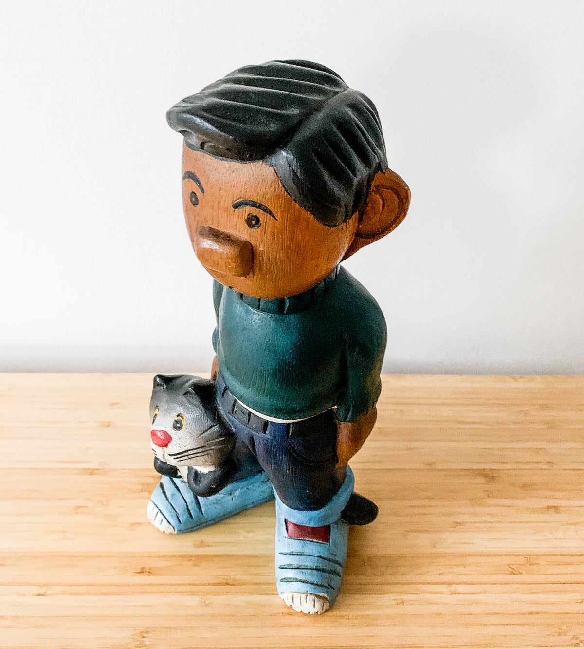 Gaston Lagaffe and Cat carved wooden sculpture