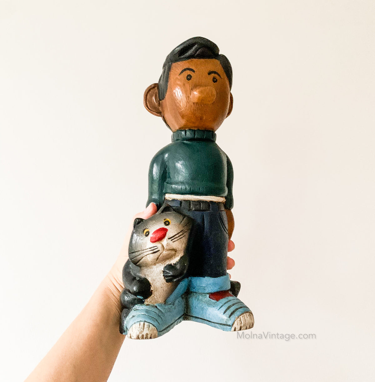 Gaston Lagaffe and Cat carved wooden sculpture