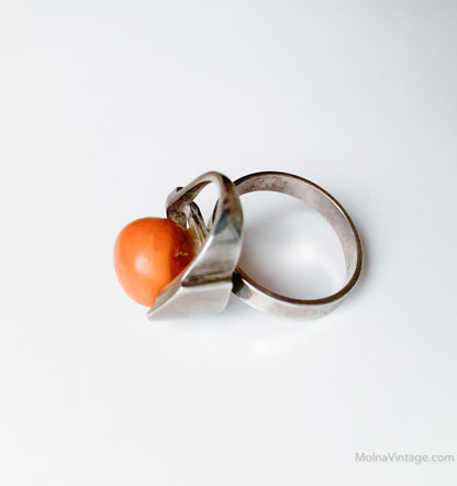 Danish Modernist silver and amber ring