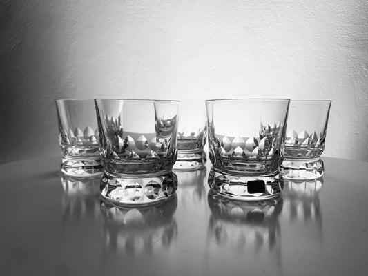 Set of 5 crystal iconic substantial shots Prince, Göran Wärff, Kosta Boda 1986 Sweden