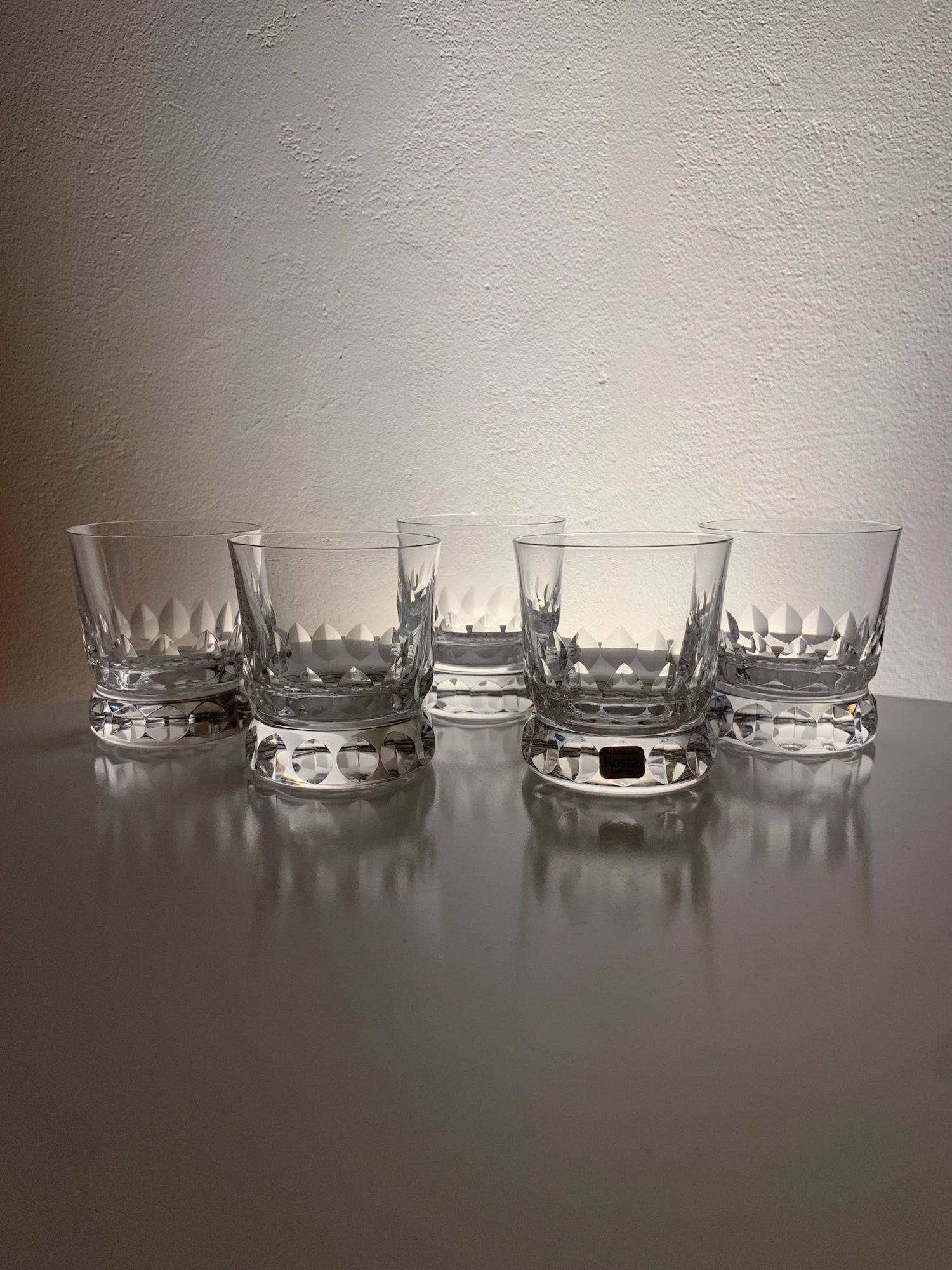 Set of 5 crystal iconic substantial shots Prince, Göran Wärff, Kosta Boda 1986 Sweden
