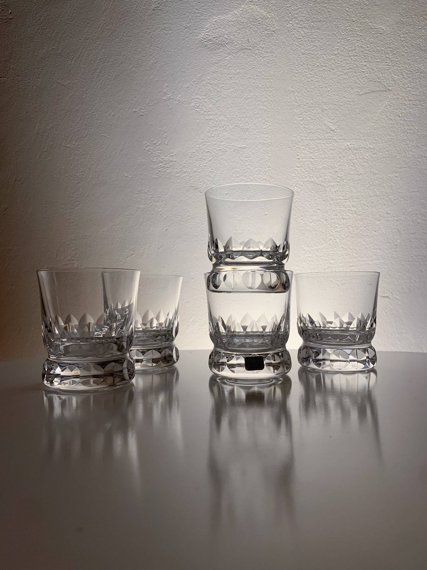 Set of 5 crystal iconic substantial shots Prince, Göran Wärff, Kosta Boda 1986 Sweden