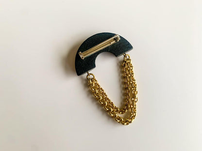 Aarikka Finland Dark Blue Wood Brooch with Gold-Toned Chains