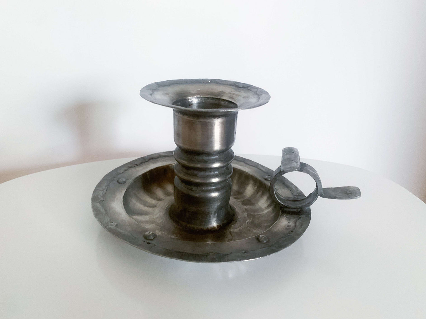 Scandinavian vintage pewter candle holder in brutalist style, Norway