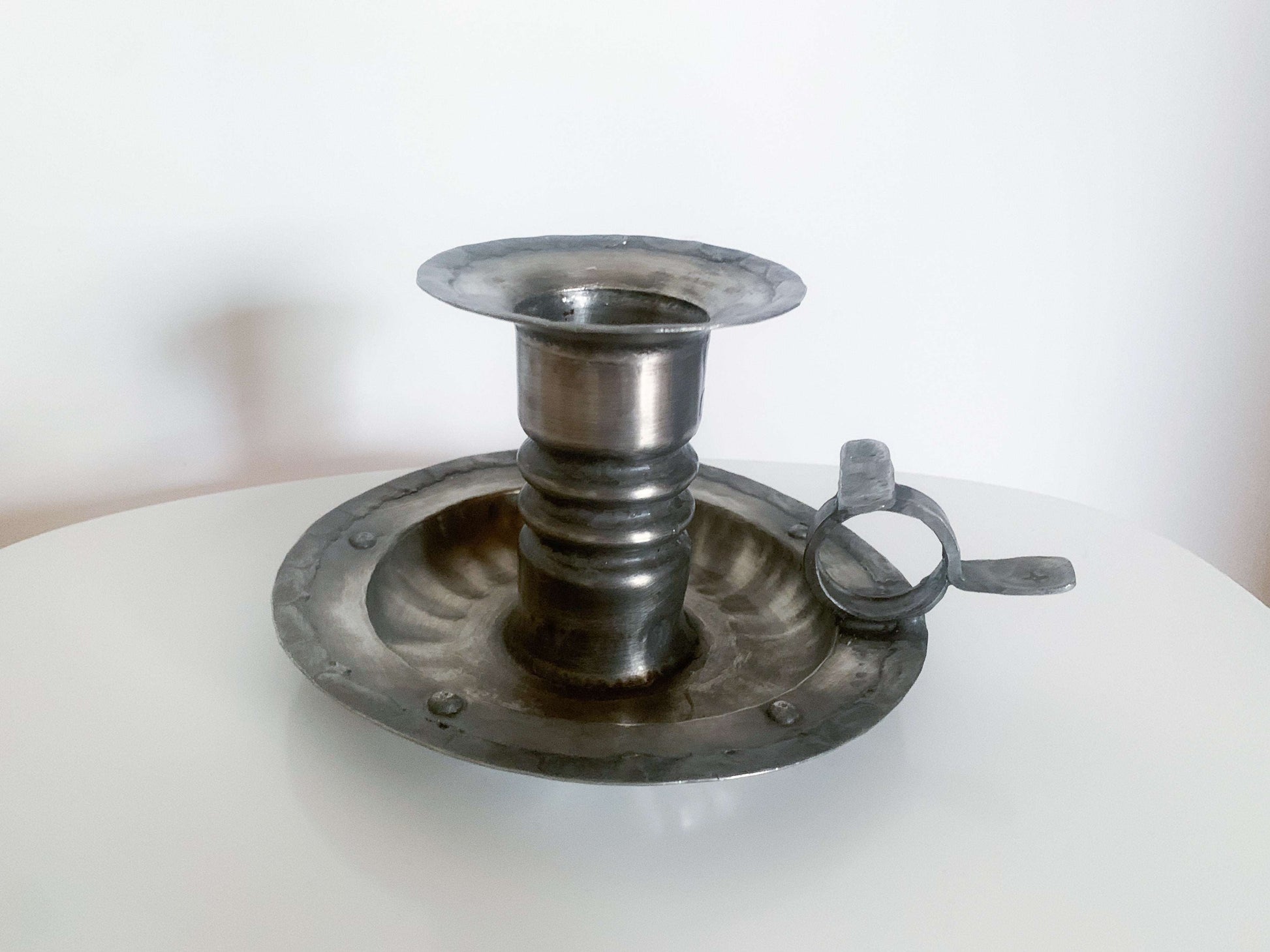 Scandinavian vintage pewter candle holder in brutalist style, Norway