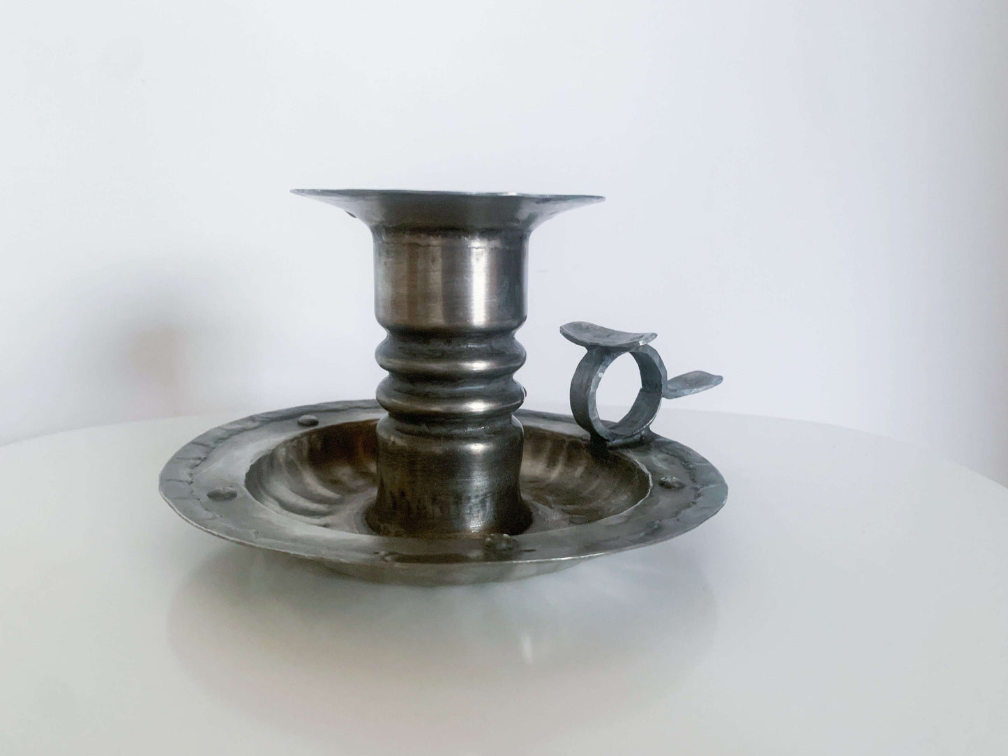 Scandinavian vintage pewter candle holder in brutalist style, Norway