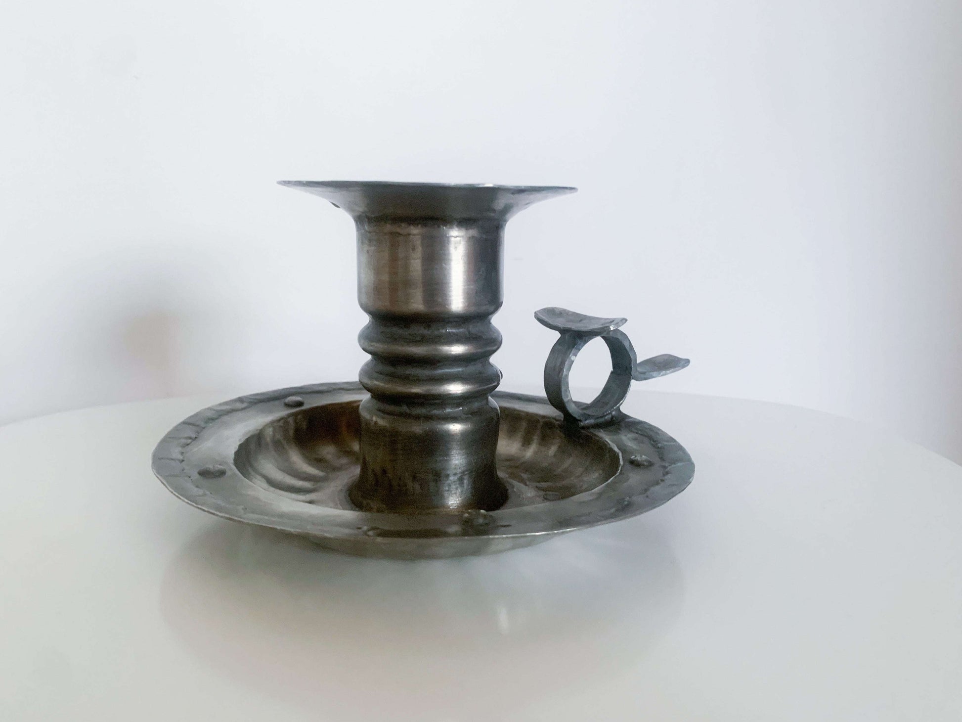 Scandinavian vintage pewter candle holder in brutalist style, Norway
