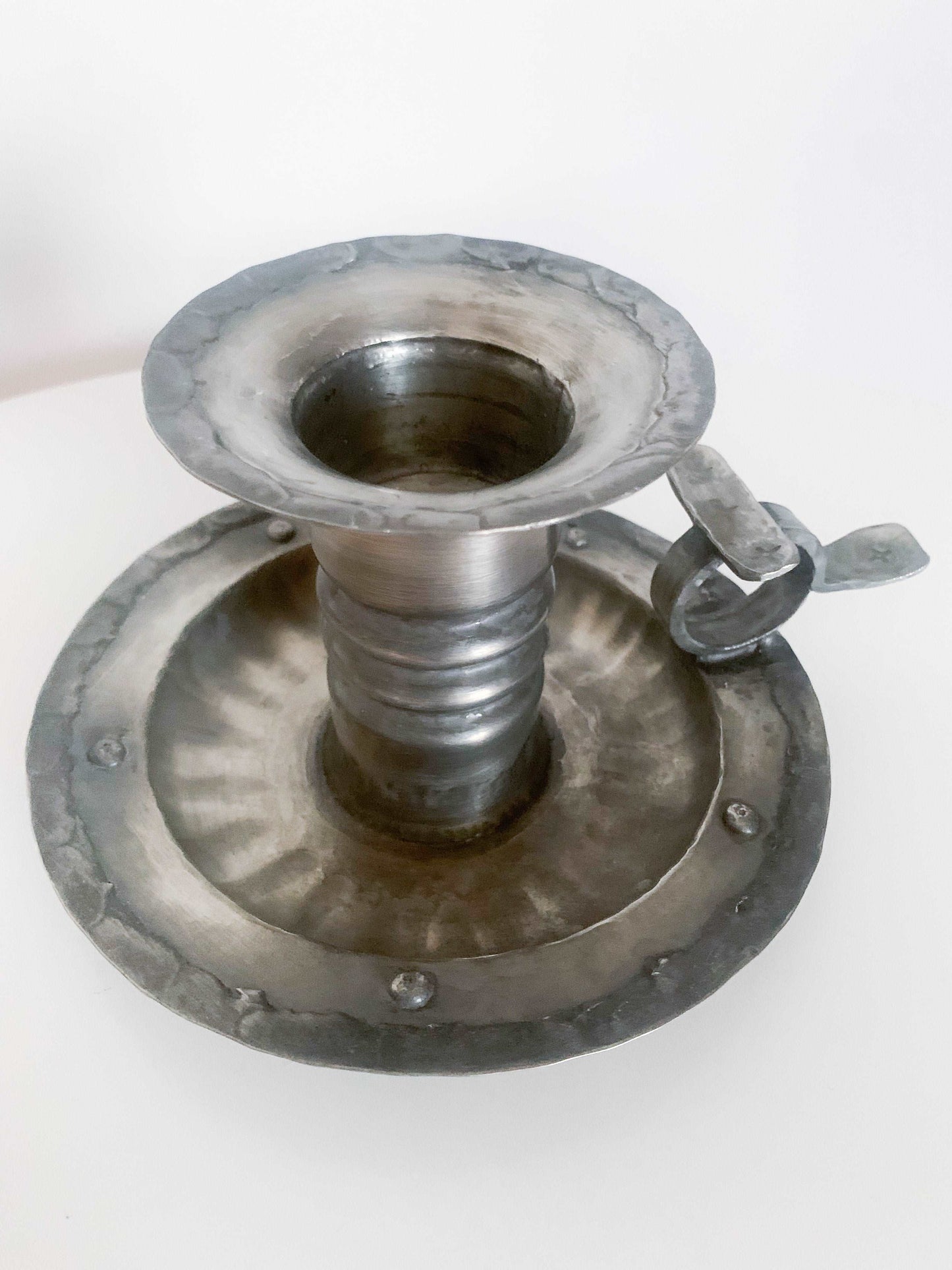 Scandinavian vintage pewter candle holder in brutalist style, Norway