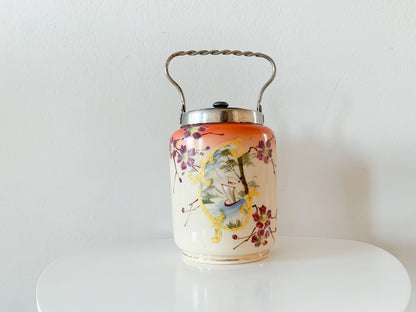 Vintage opal glass hand-painted buscuit jar with lid, end of 19th - early 20th century