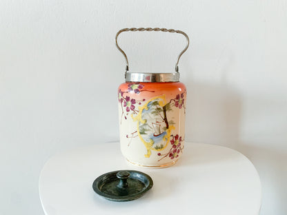 Vintage opal glass hand-painted buscuit jar with lid, end of 19th - early 20th century