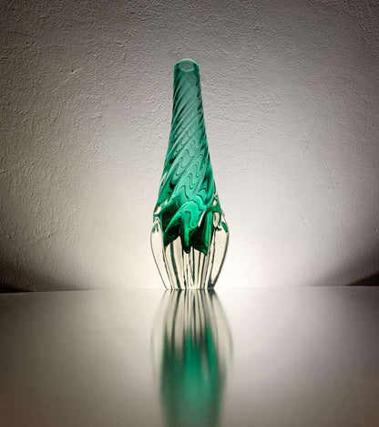 Emerald green crystal glass swirl vase, designer Mikko Helander, Humppila Finland, 60s