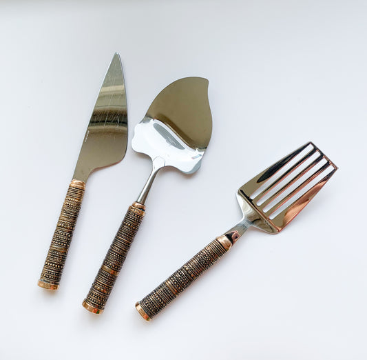 Jorma Laine bronze serving utensil set | Turun Hopea Finland, 1976
