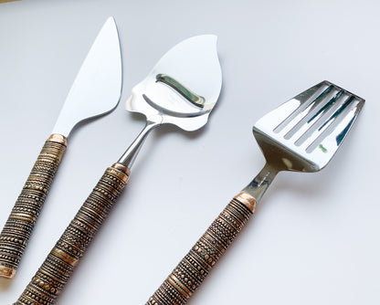 Jorma Laine bronze serving utensil set | Turun Hopea Finland, 1976