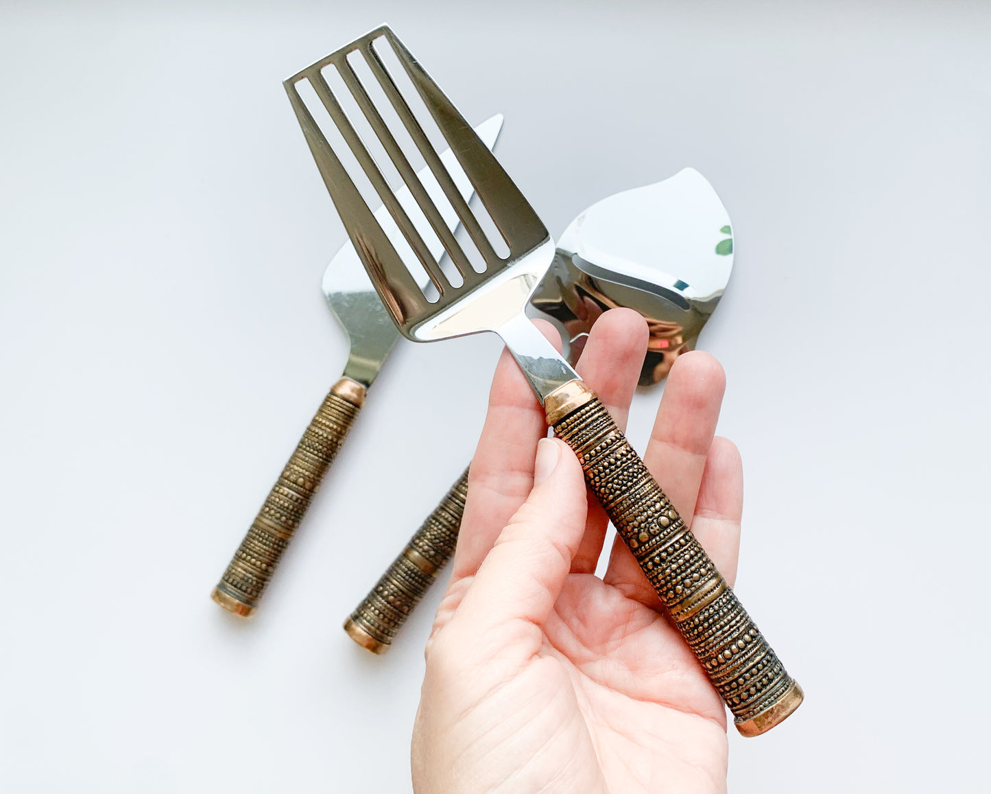 Jorma Laine bronze serving utensil set | Turun Hopea Finland, 1976