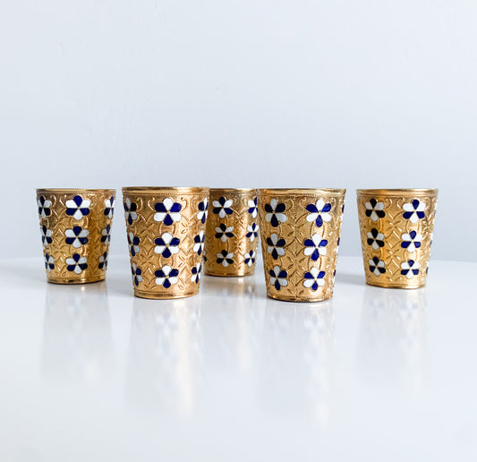 Set of 5 gilt brass vodka cups with enamel flowers | 1960s