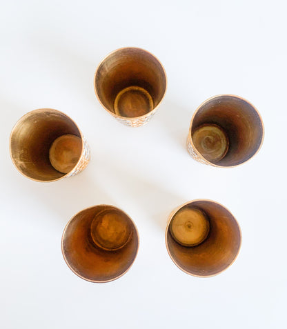 Set of 5 gilt brass vodka cups with enamel flowers | 1960s