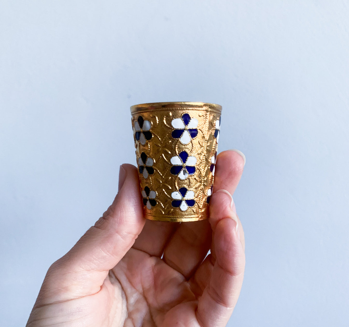 Set of 5 gilt brass vodka cups with enamel flowers | 1960s
